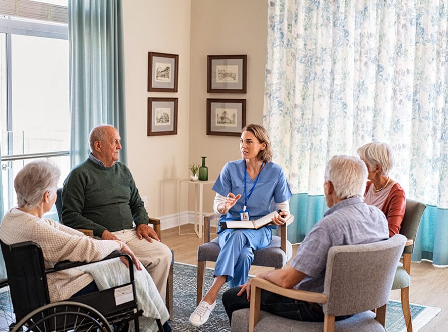 family on a tour of a nursing home