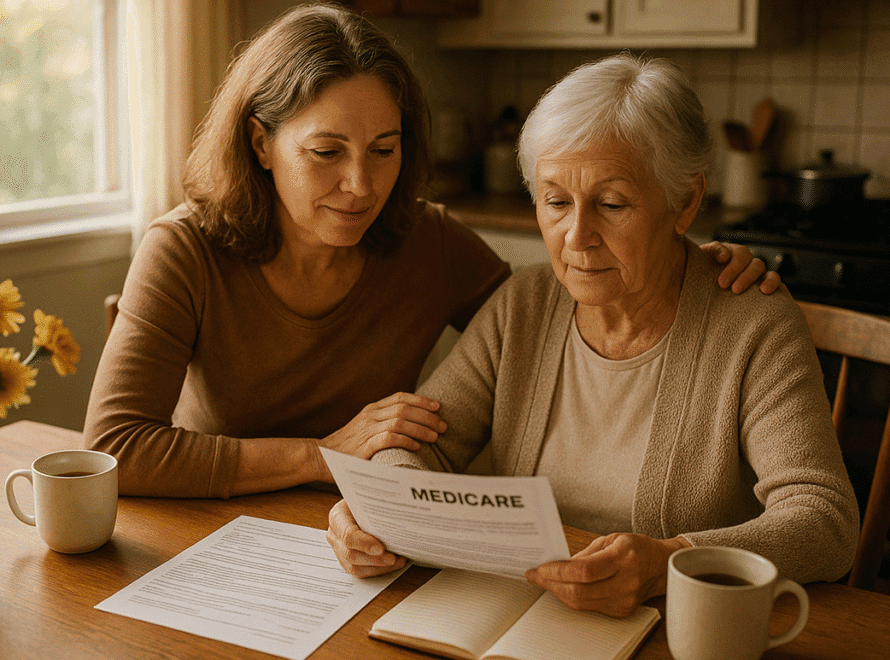 An adult daughter with her elderly mother discussing Medicare and nursing home care.