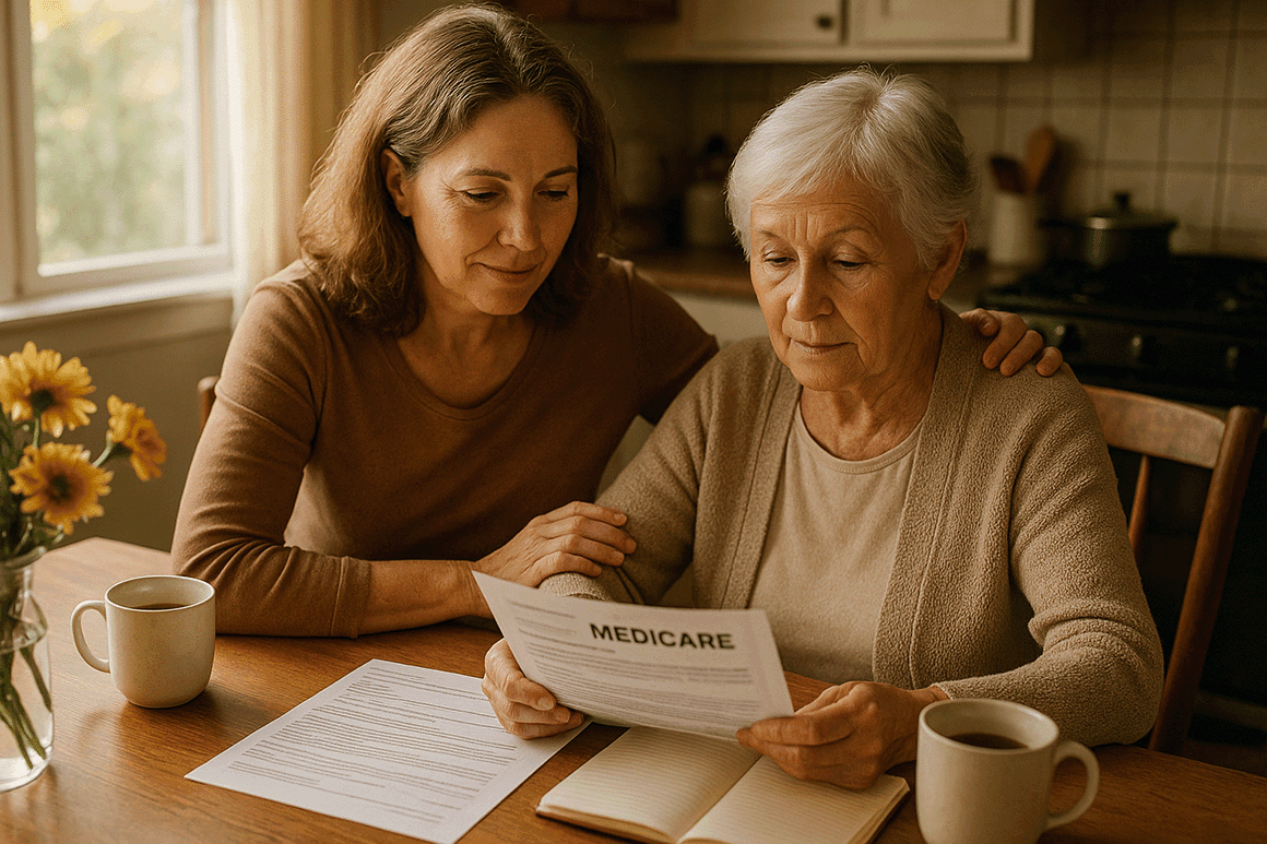An adult daughter with her elderly mother discussing Medicare and nursing home care.
