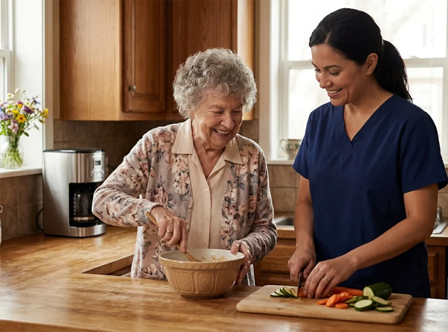 An elderly woman and a female caretaker preparing a meal in a kitchen of a household model of care.