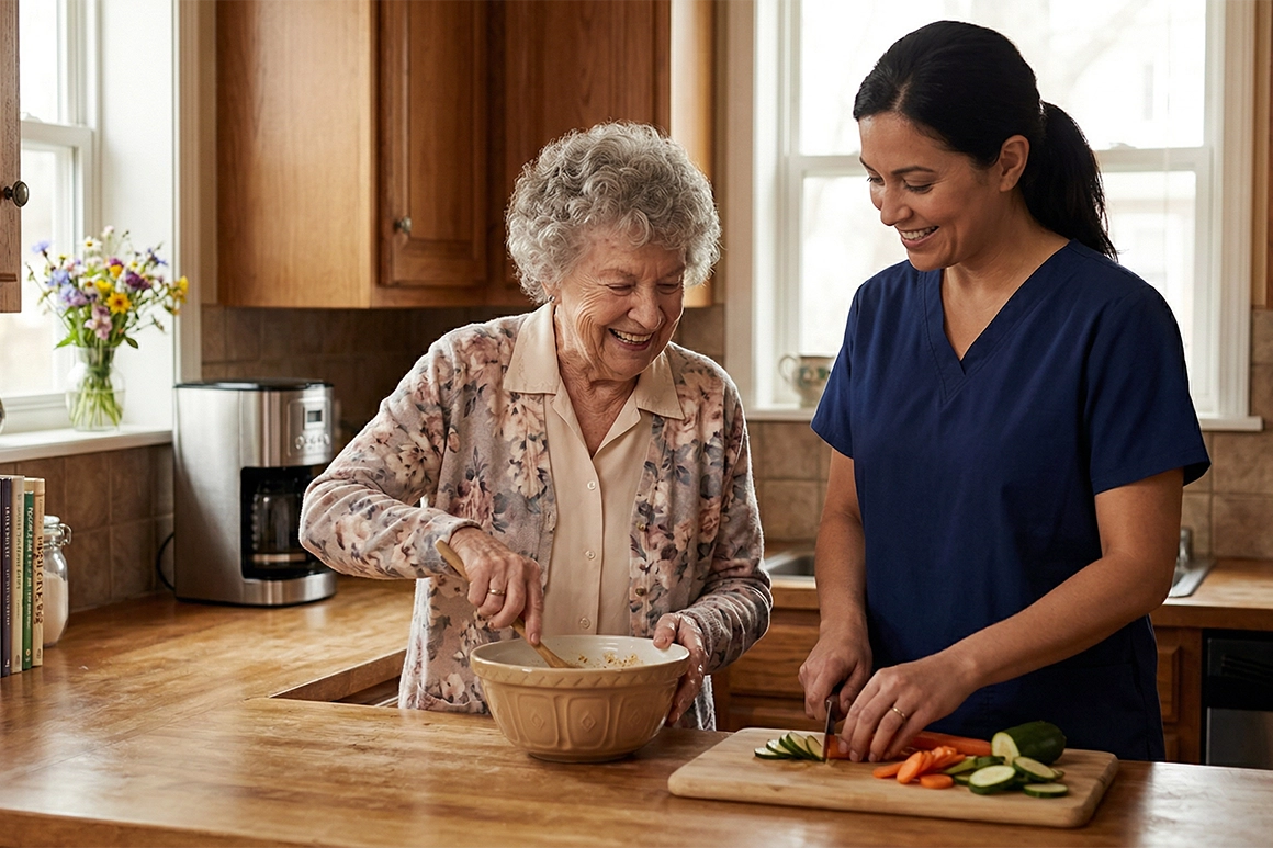 An elderly woman and a female caretaker preparing a meal in a kitchen of a household model of care.