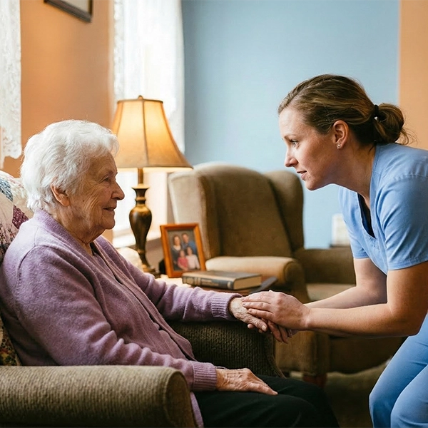 A female registered nurse with an elderly female nursing home resident.
