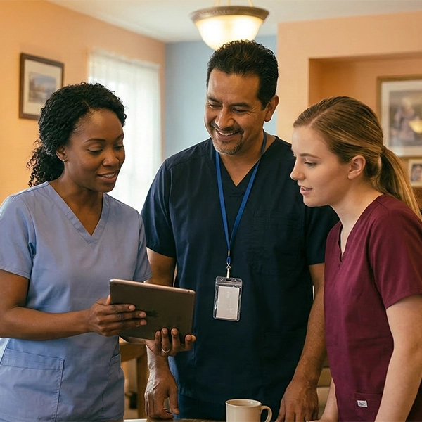 Three healthcare professionals of the nursing home care team.