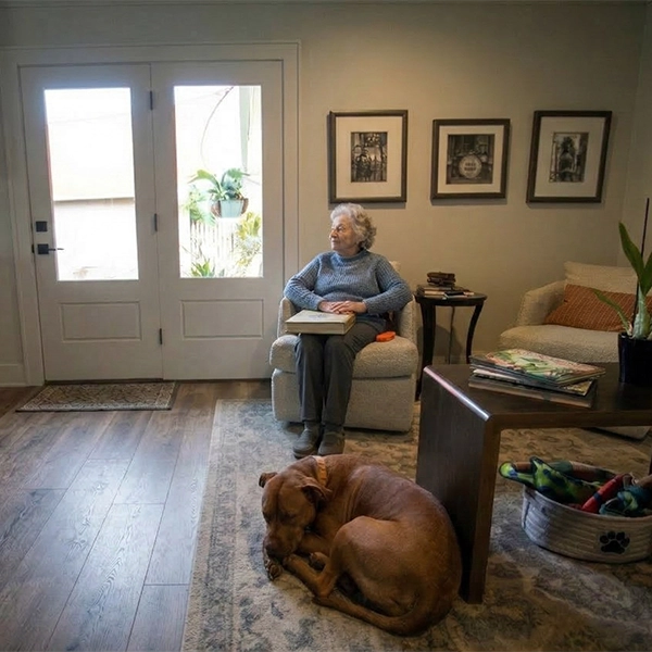 An elderly female resident enjoying her private room at St. Margaret's long-term care facility.