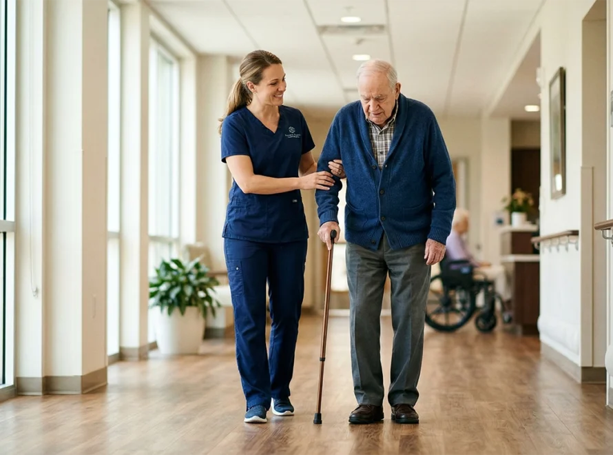 A physical therapist assisting an elderly man in a nursing home.