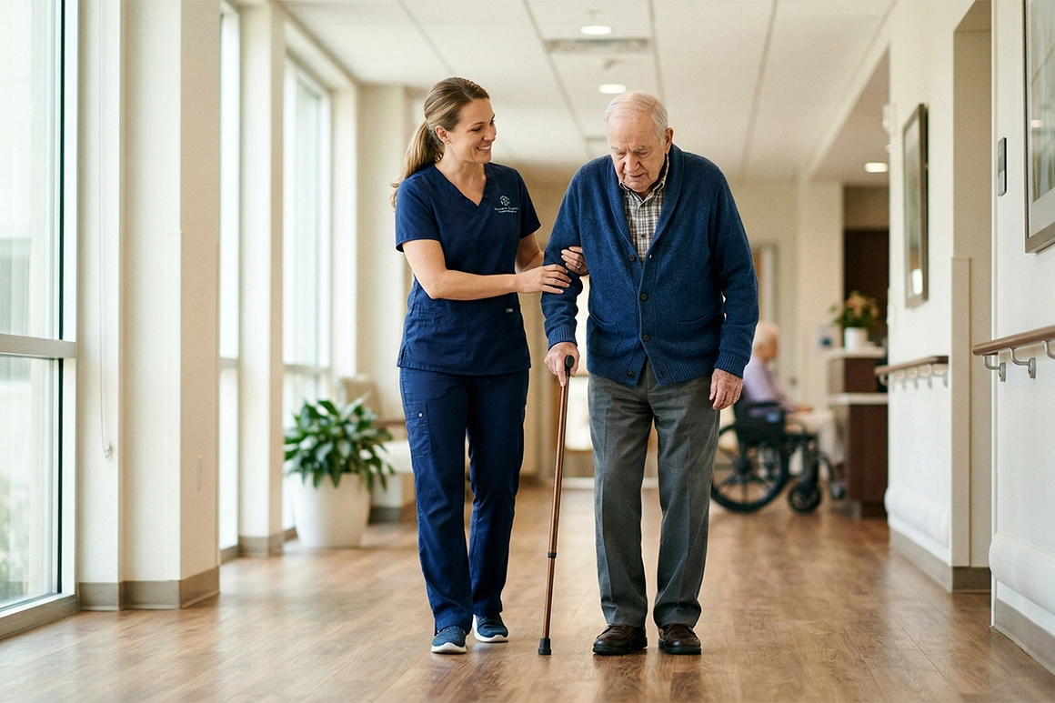 A physical therapist assisting an elderly man in a nursing home.