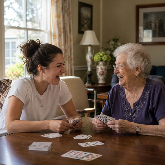 A St. Margaret's volunteer and resident playing cards.