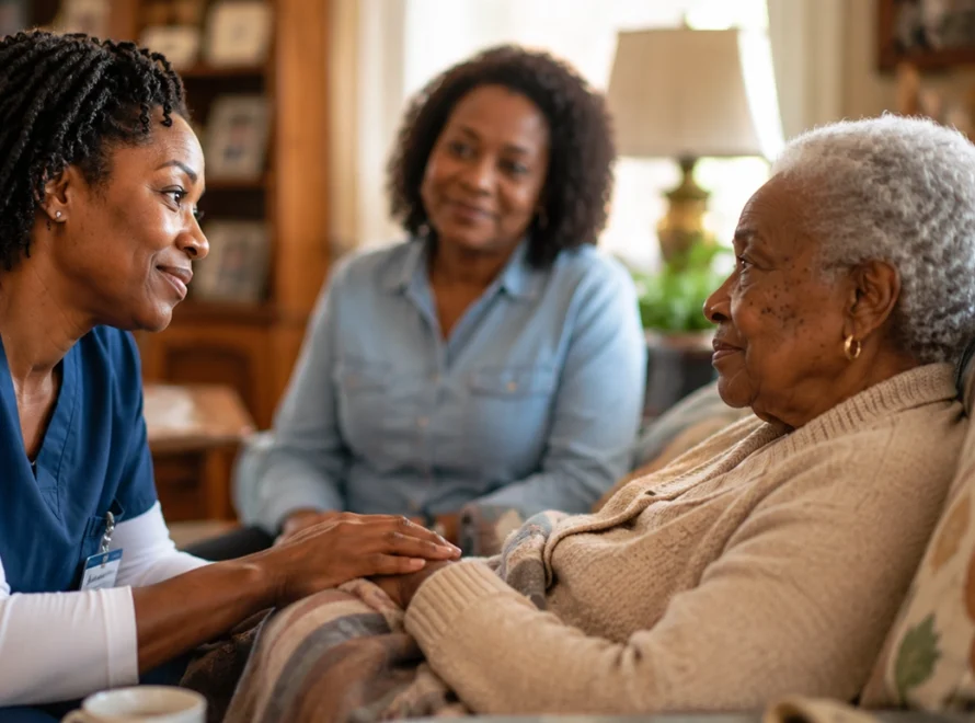 Caregiver having a comforting conversation with a patient receiving palliative or hospice care.