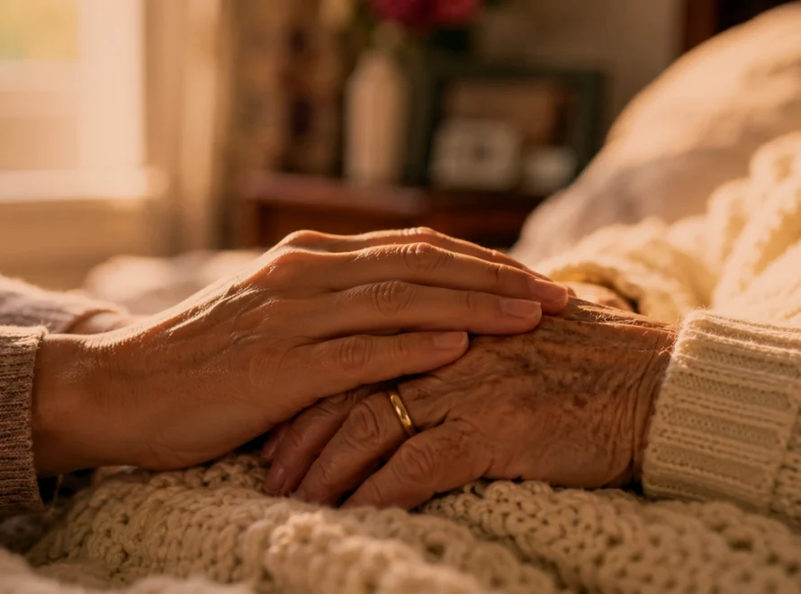 Female caregiver gently holding her elderly mother's hand in hospice care.