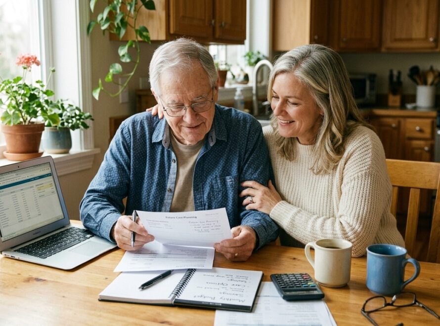 An elderly man and his daughter reviewing financial documents.
