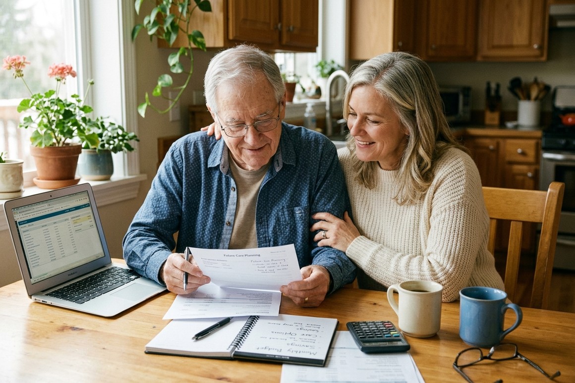 An elderly man and his daughter reviewing financial documents.