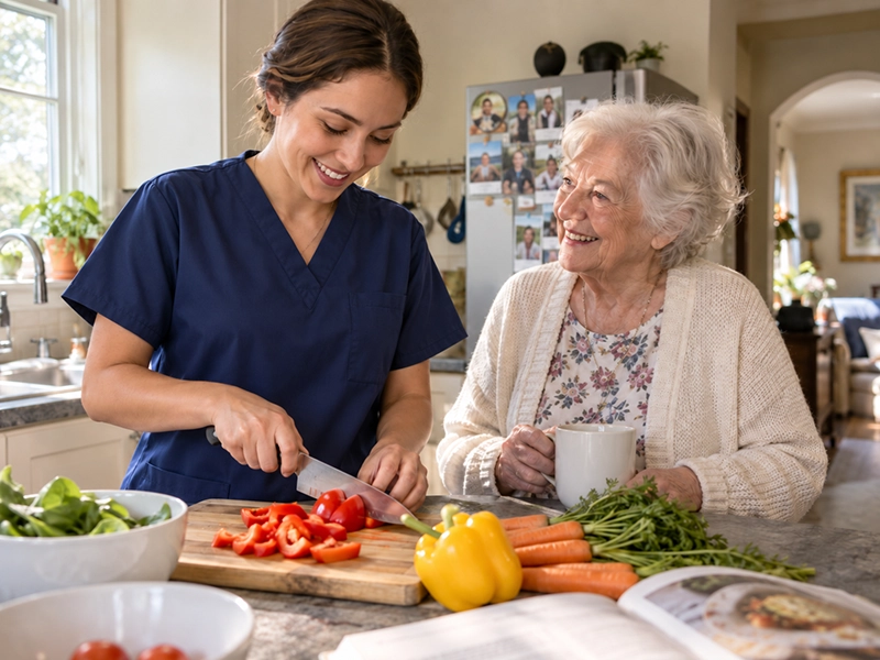 A Care Companion caretaker with an elderly female client.