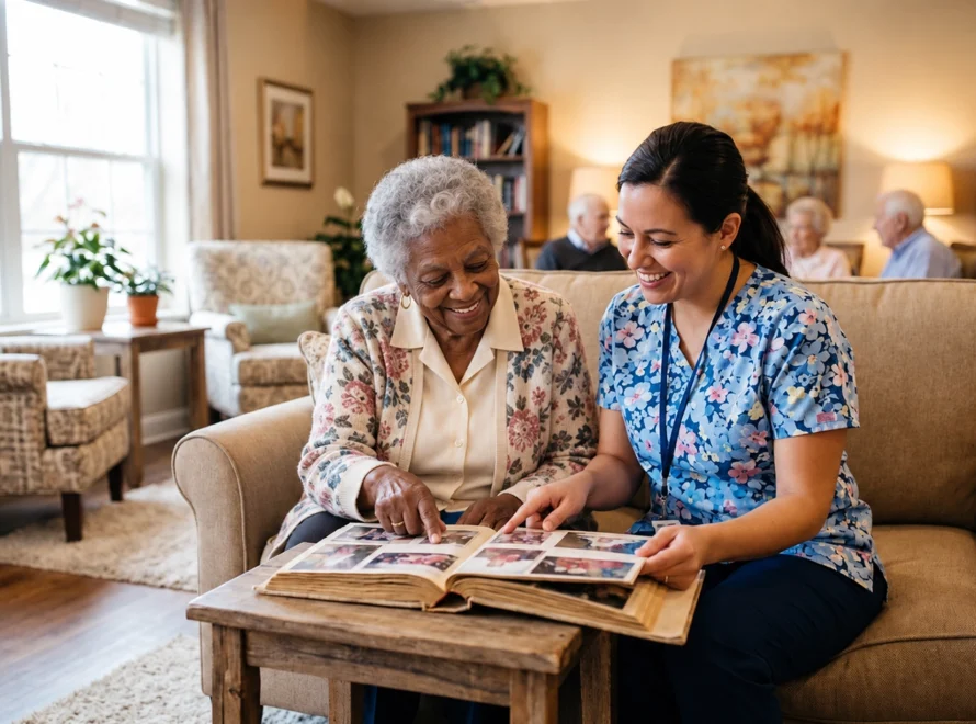 A memory care staff member and an elderly resident smiling together while looking through a photo album in a warm, homelike common room.