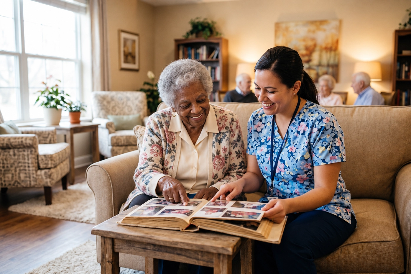 A memory care staff member and an elderly resident smiling together while looking through a photo album in a warm, homelike common room.