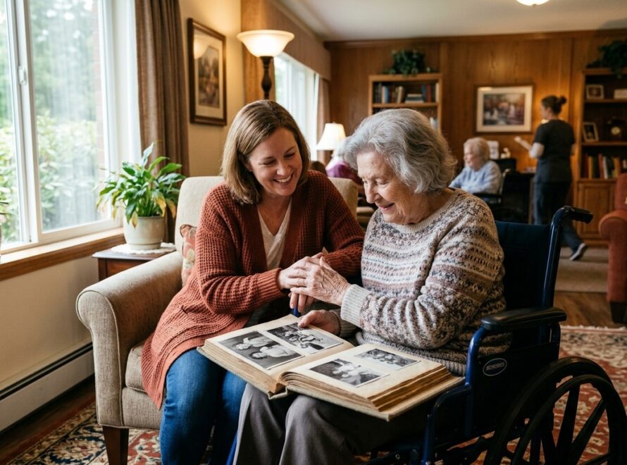 An adult daughter sitting close beside her elderly mother in a wheelchair, both smiling as they look through an old photo album together.