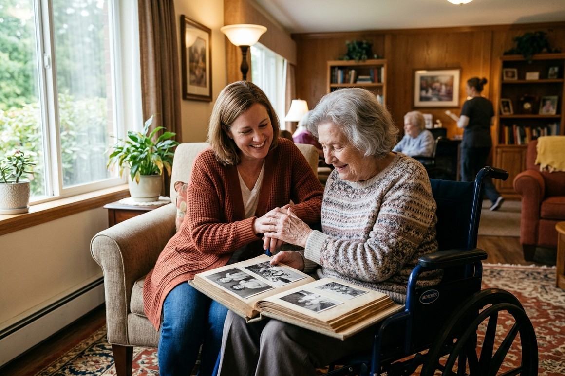 An adult daughter sitting close beside her elderly mother in a wheelchair, both smiling as they look through an old photo album together.