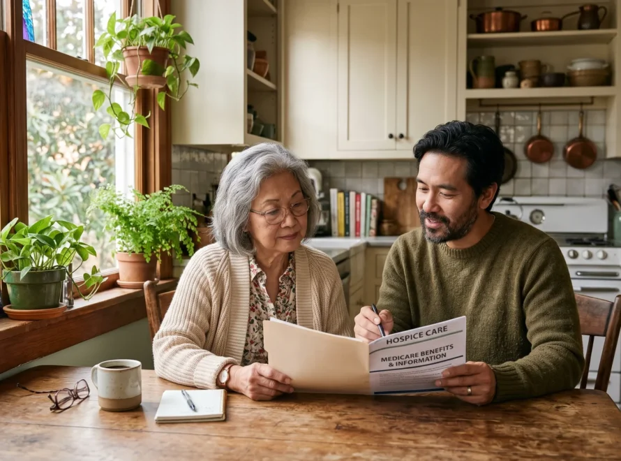 An older Asian American woman and her adult son at a kitchen table reviewing a hospice care booklet to learn whether Medicare covers hospice.