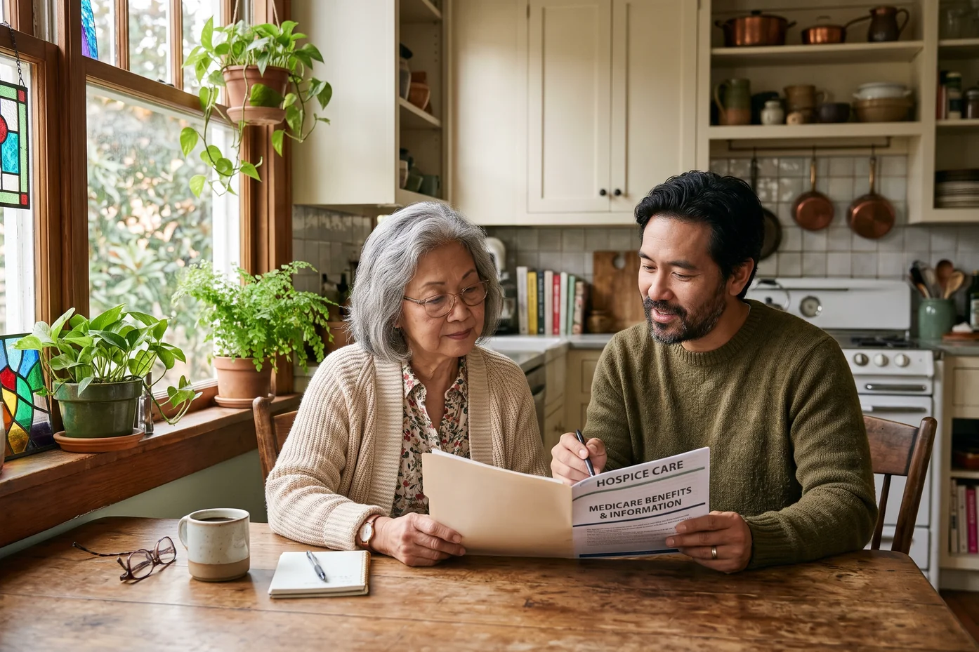 An older Asian American woman and her adult son at a kitchen table reviewing a hospice care booklet to learn whether Medicare covers hospice.