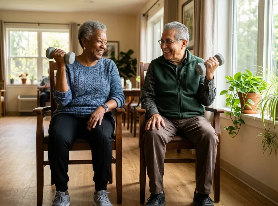 A smiling older Black woman and older Latino man doing seated bicep curls with light dumbbells, two easy strength exercises for seniors.
