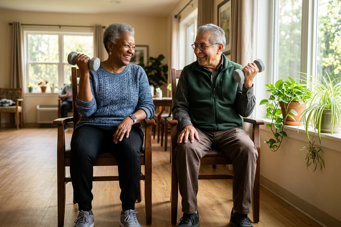 A smiling older Black woman and older Latino man doing seated bicep curls with light dumbbells, two easy strength exercises for seniors.