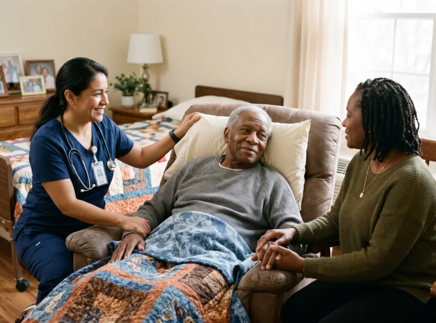 A hospice nurse adjusting a pillow for an older Black man resting in a recliner while his daughter holds his hand, showing hospice care in a nursing home.